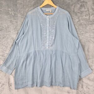 LOGO Lori Goldstein Top 3X Blue Boho Lagenlook Sequins Tunic Gauze Casual Beach